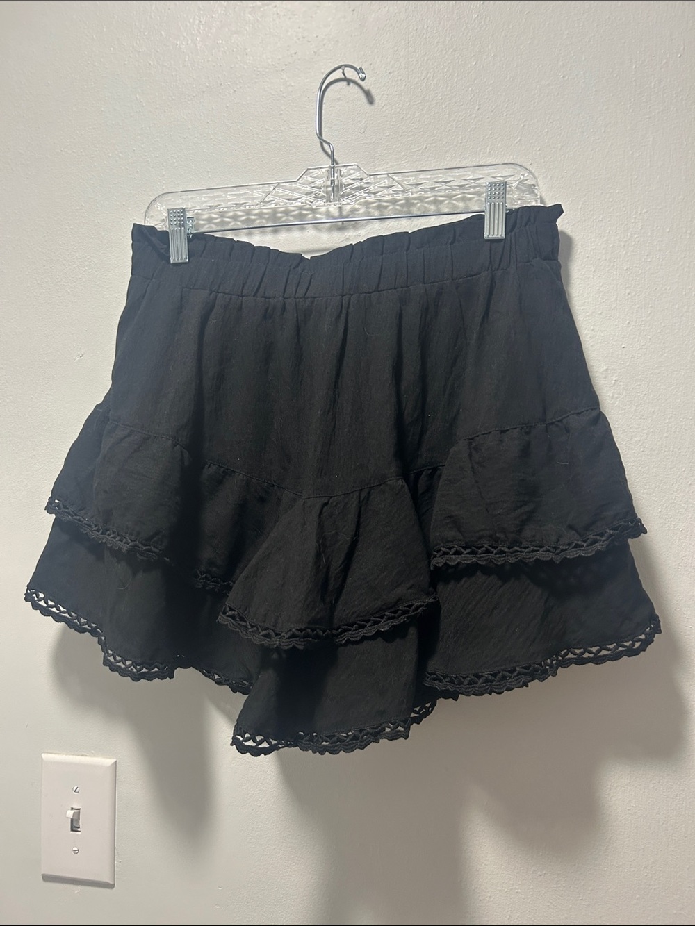Tiered Black Mini Skirt with Crochet Trim